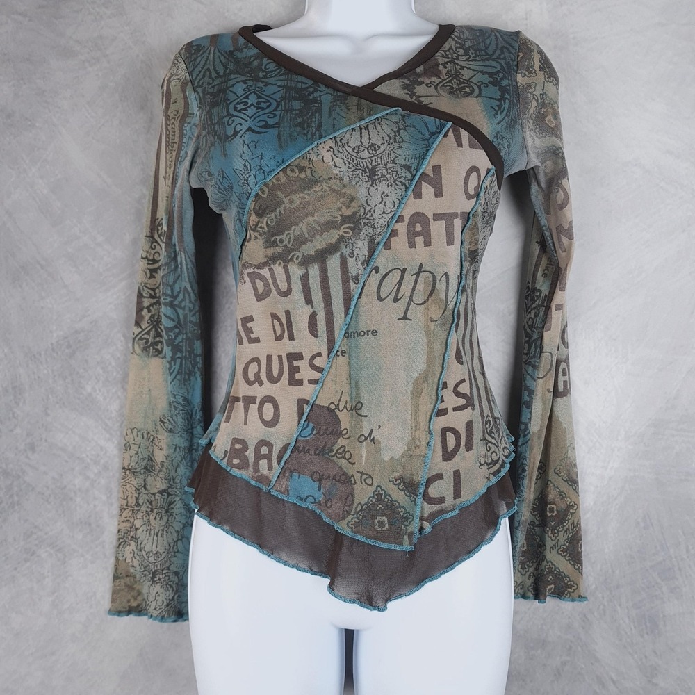 Women’s Mixed Print Asymmetric Long-Sleeve Blouse - Teal & Taupe